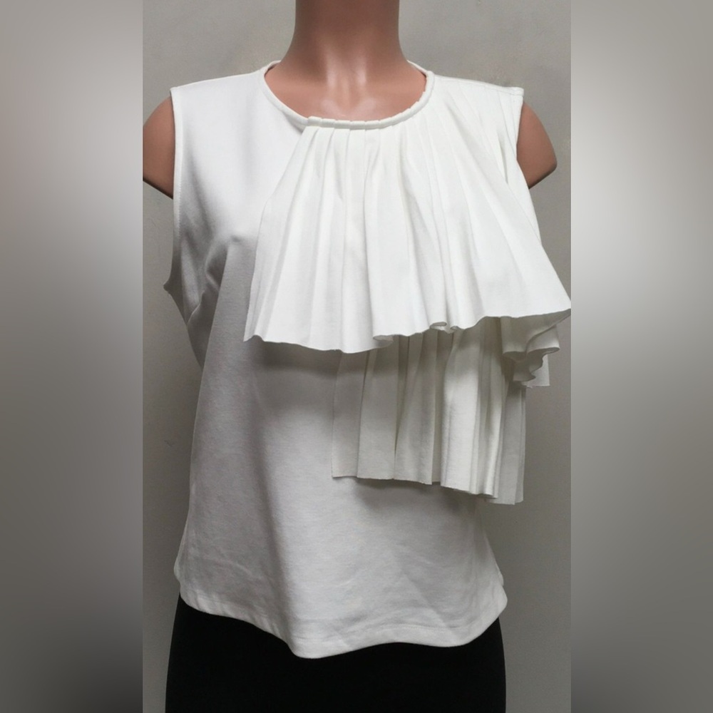 Tahari White Asymmetrical Ruffled Blouse